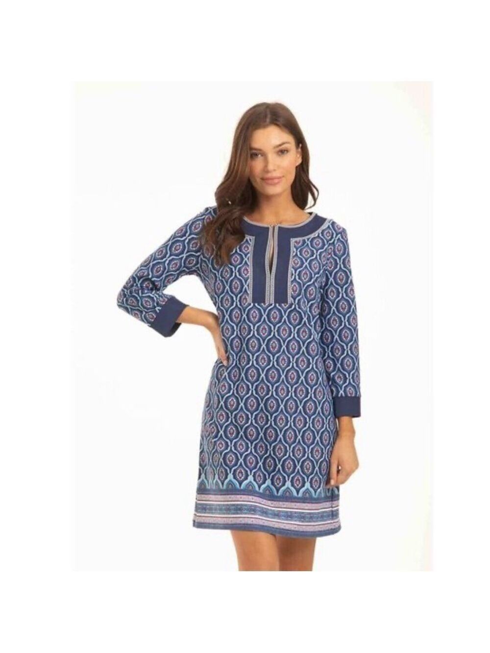 Cabana Life Bondi Beach UPF 50 Tunic Dress Navy Red White 3/4 Sleeve Sz Small